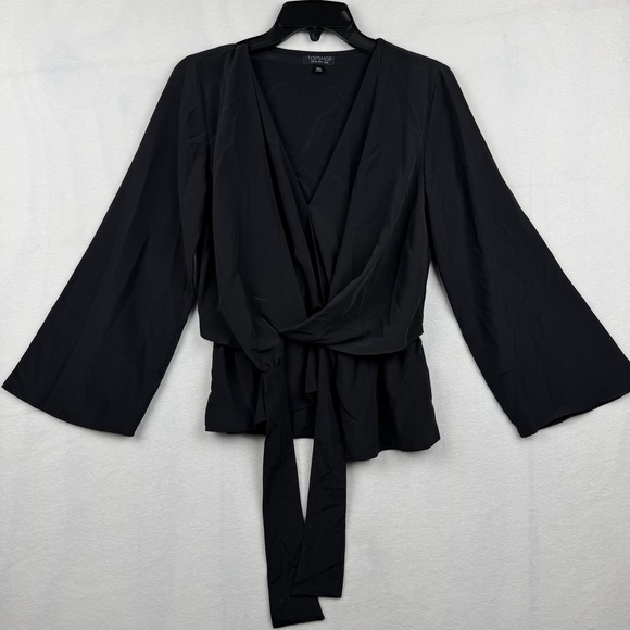 Topshop Tops - Topshop Black Tie Front Blouse Long Sleeve V Neck Career Party Top Size‎ US 6